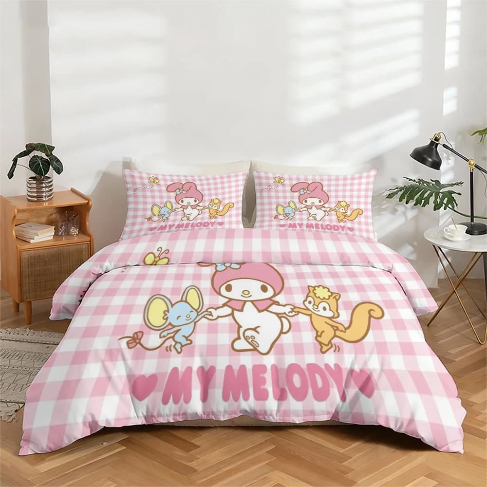 Set copripiumino a 3 pezzi con stampa digitale ad alta definizione con motivo My Melody (My Melody), set con stampa floreale grande, include 1 lenzuolo con angoli + 2 federe, adatto per camera da letto, stanza degli ospiti, decorazione domestica, lenzuolo con angoli in fibra di poliestere + federe, biancheria da letto ultra morbida, tessuto spesso, confortevole per tutte le stagioni, lavabile in lavatrice