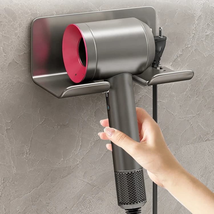 Mensola Portaoggetti da Bagno in Alluminio Bianco e Grigio, Supporto a Parete per Asciugacapelli e Utensili