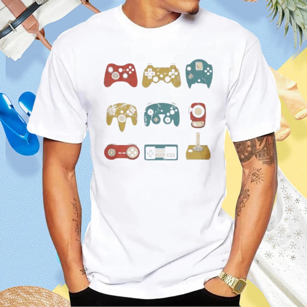 Vintage Style Video Gaming Controllers Graphic Printed Man Women Gamer T-Shirt Summer Cotton Short Sleeve O-neck Casual Tees