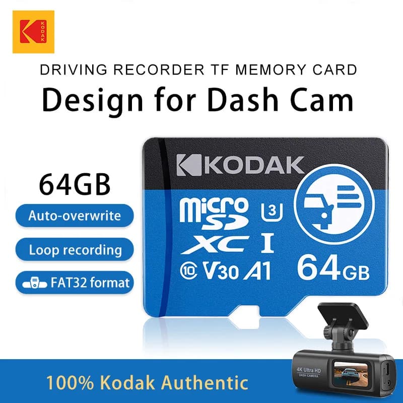 Scheda Micro SD ad alta resistenza Kodak per Dash Cam Scheda di memoria FAT32 128/256 GB 100 MB/s Schede Microsd con registrazione liscia 4K e loop