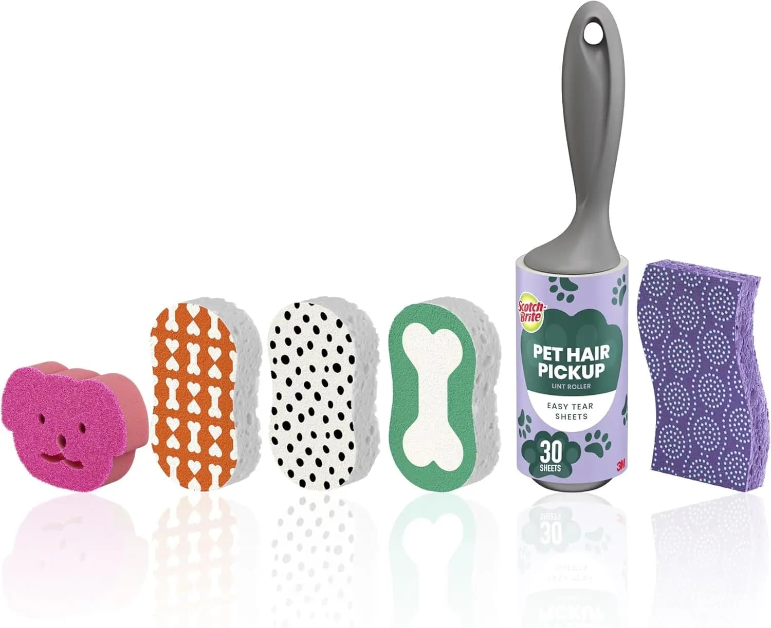 Kit di Pulizia per Amanti dei Cani: 6 Spugne Anti-Graffio e Rullo per Peli di Animali, Sicuro per Superfici Multiple