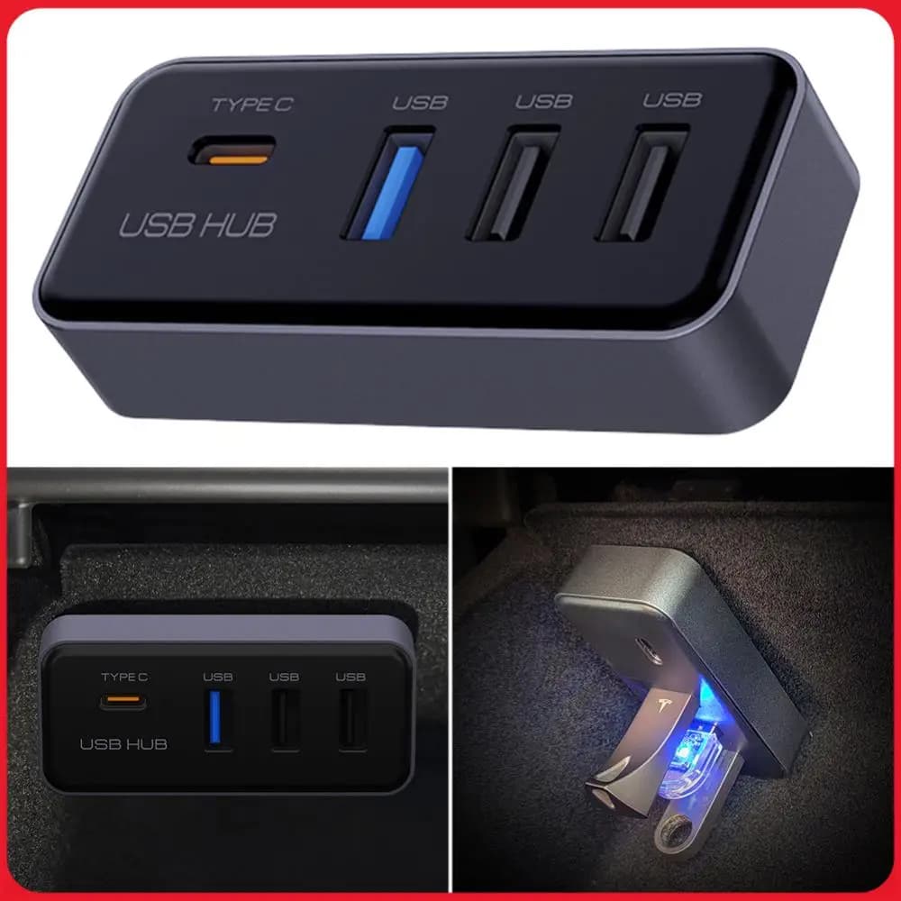 Hub USB 4-in-1 Multiporta per Vano Portaoggetti, Stazione di Docking, Adattatore USB per Accessori Auto TESLA Model 3 e Model Y
