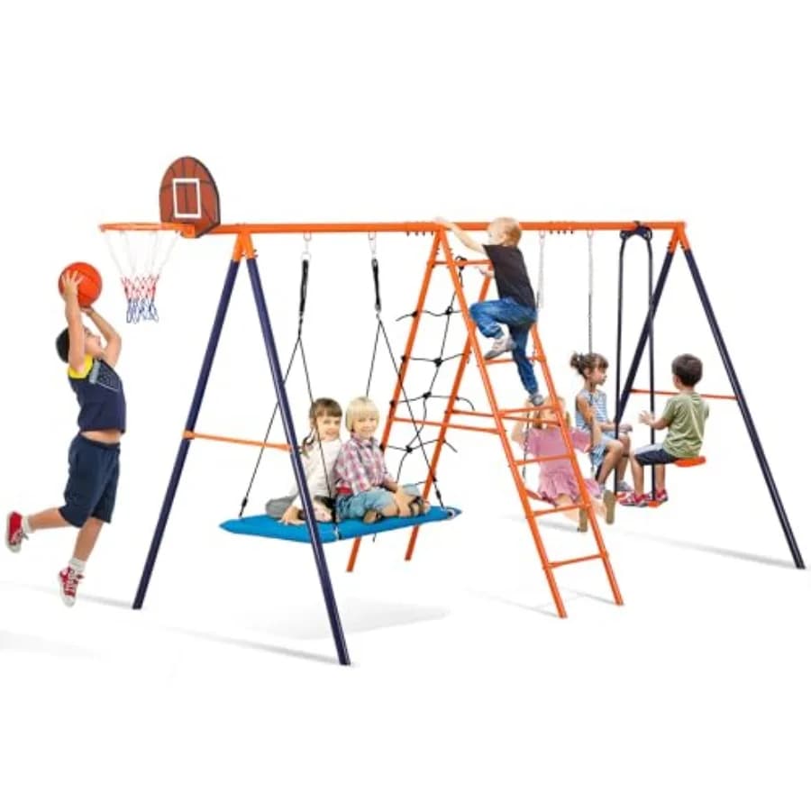 Set da gioco in metallo per esterni, resistente, con altalene, scala per arrampicata, trapezio, barra e canestro da basket, portata massima 660 libbre
