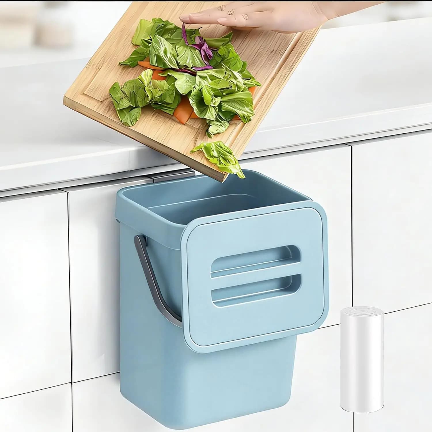 Cestino per Rifiuti da Cucina Compatto da 5L con Coperchio, da Appendere Sotto il Lavello o Utilizzabile sul Piano di Lavoro, Inodore per Scarti Alimentari e Scrivania