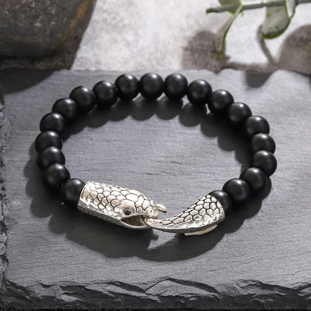 Nuovo braccialetto con testa di serpente in pietra naturale da 8 mm per gioielli con bracciale con perline punk moda uomo