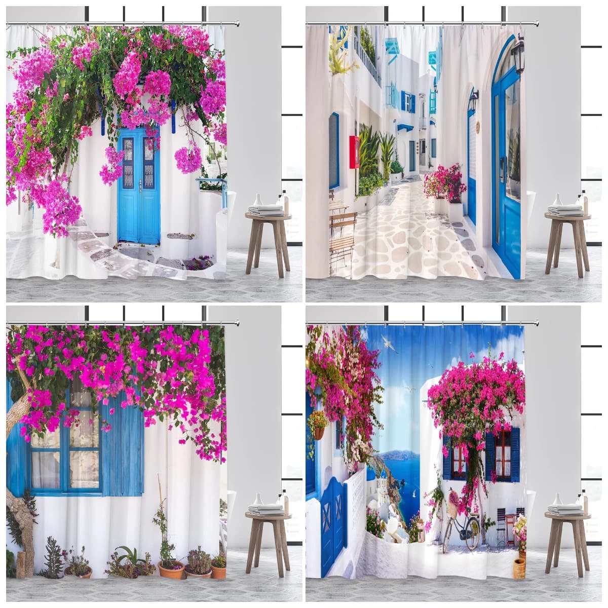 Tenda da Doccia con Stampa Bouganvillea Isole Greche, Impermeabile, Decorazione Bagno Stile Mediterraneo