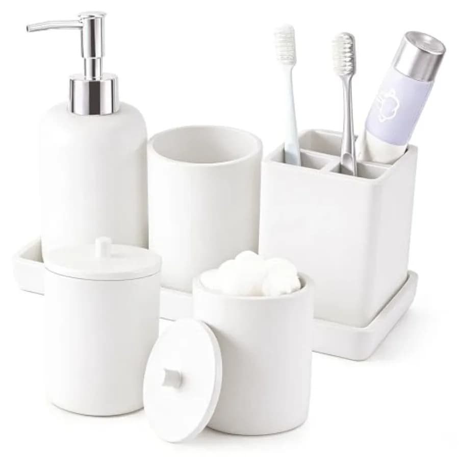 Set da 6 Pezzi per Bagno: Porta Spazzolino, Dispenser Sapone Liquido, 2 Porta Bastoncini Q-tip, Vassoio e Bicchieri - da Appoggio