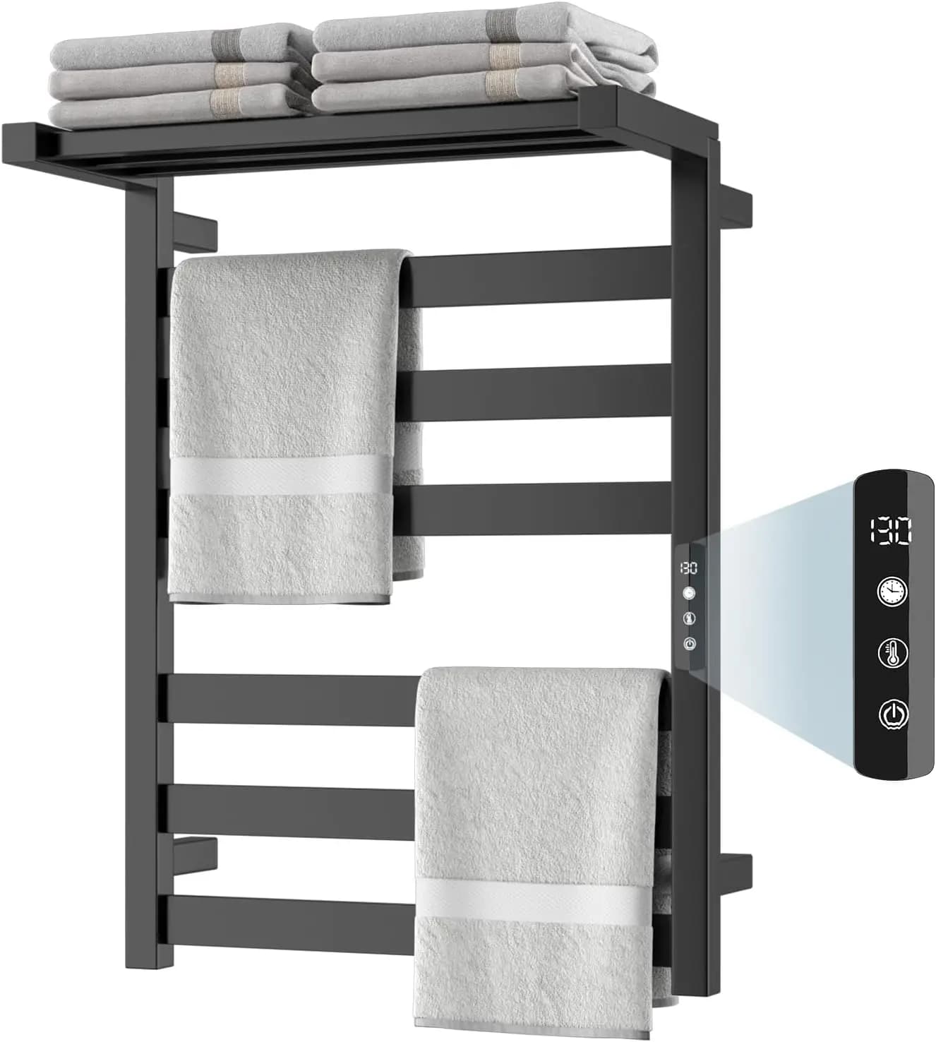 Scaldasalviette Elettrico da Parete in Acciaio Inossidabile, 6 Barre con Timer, Nero Lucido
