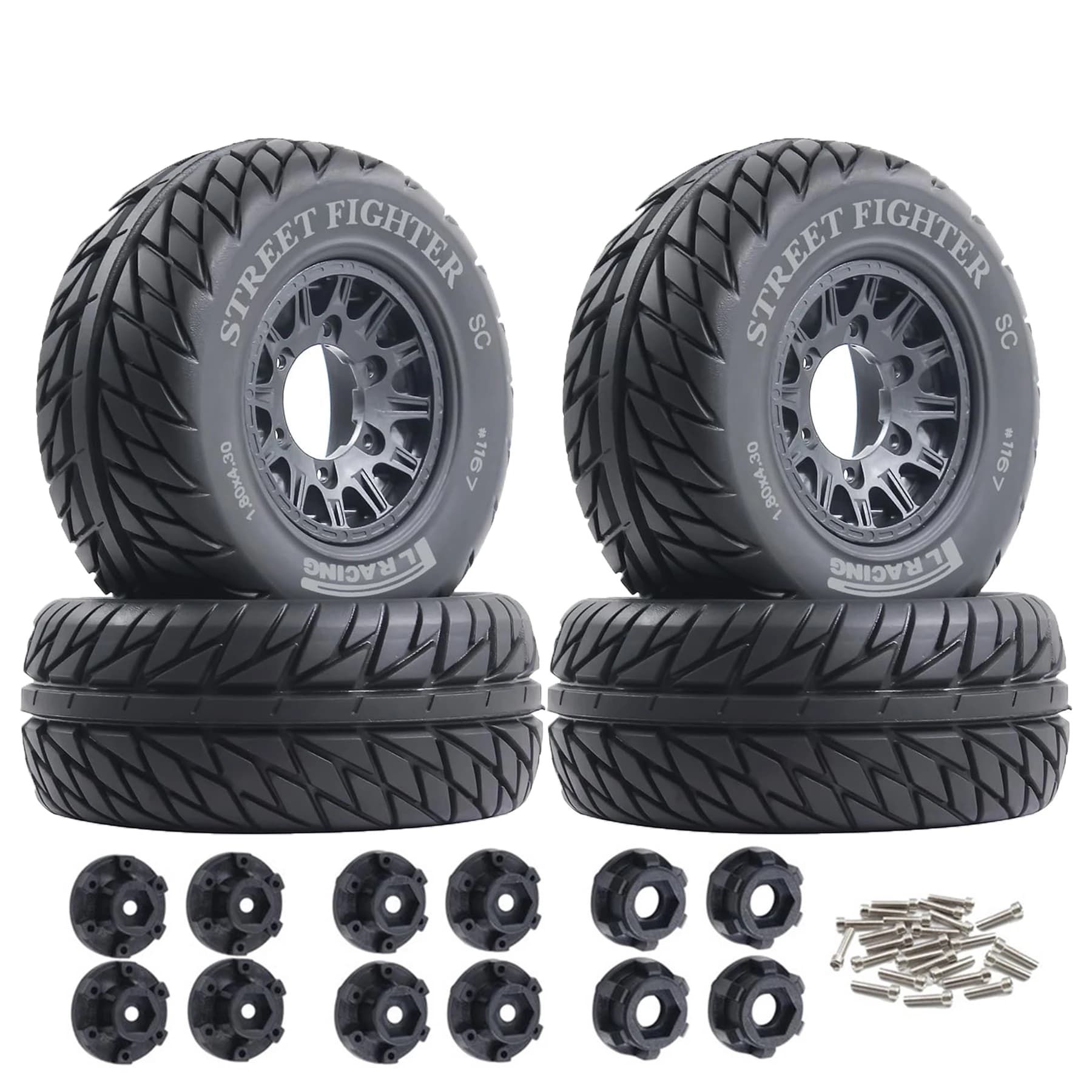 Pneumatici e Ruote per Camion RC 1/10 1/8, Esagonali da 12mm 14mm 17mm, Diametro Esterno 4.45" per Camion e Auto da Strada in Scala 1:8 1:10, Compatibili con Arrma Senton 3S Axial Losi