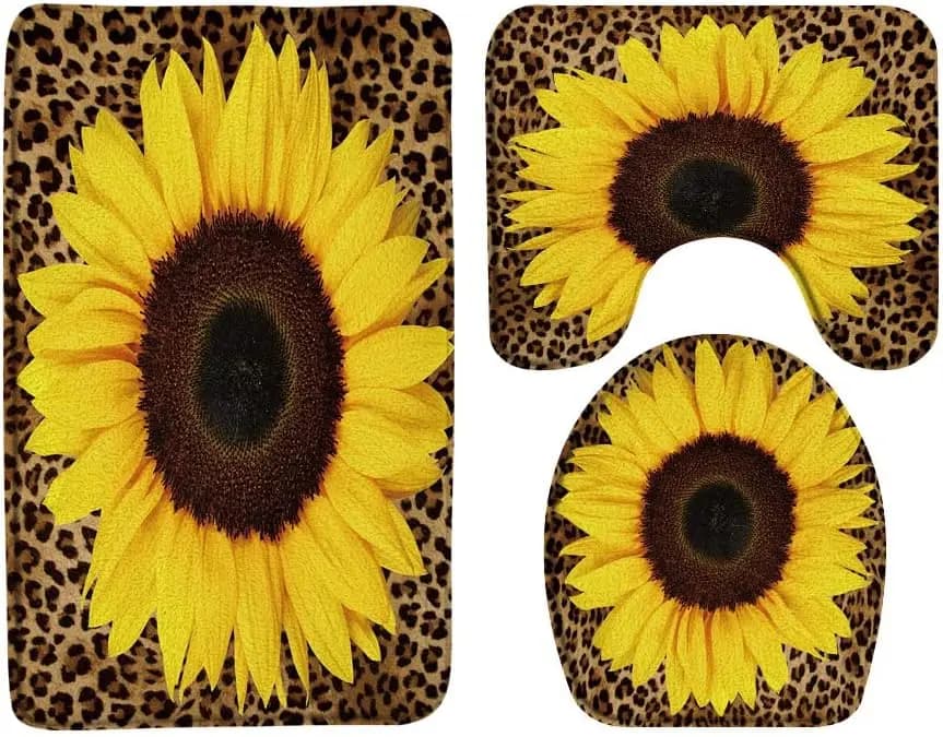 Set tappetino da bagno leopardo girasole 3 pezzi, tappeto in memory foam floreale ghepardo, copriwater a forma di U, decorazione rustica a tema animale