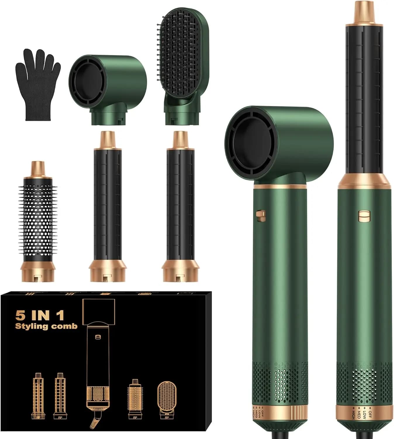Set Spazzola Asciugacapelli 5-in-1 con Ioni Negativi, Ferro Arricciacapelli e Styler per Capelli Lisci/Ricci/Asciutti/Modellati