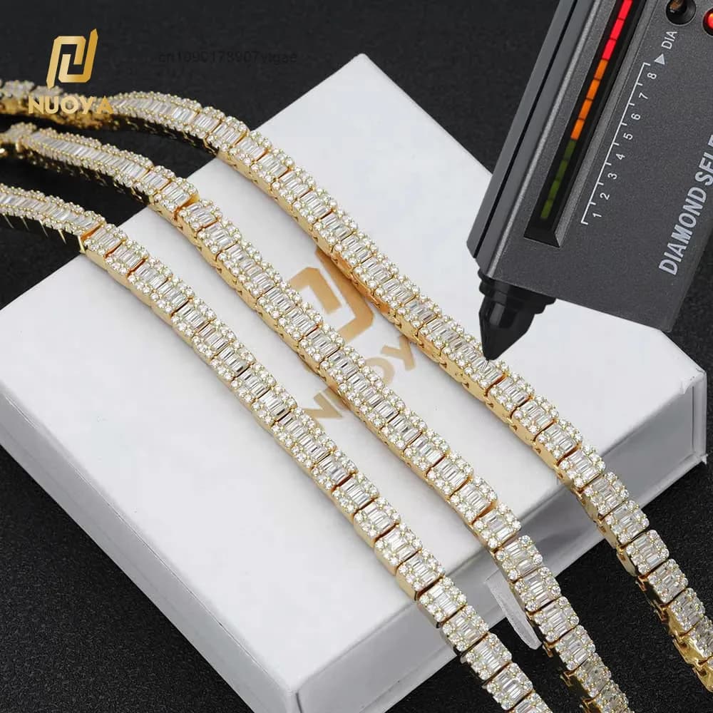 925 NUOYA Silver Jewelry 7mm Square Diamond Clustered Tennis Chain Women'S Baguette Moissanite Cluster Tennis Chain Necklace.