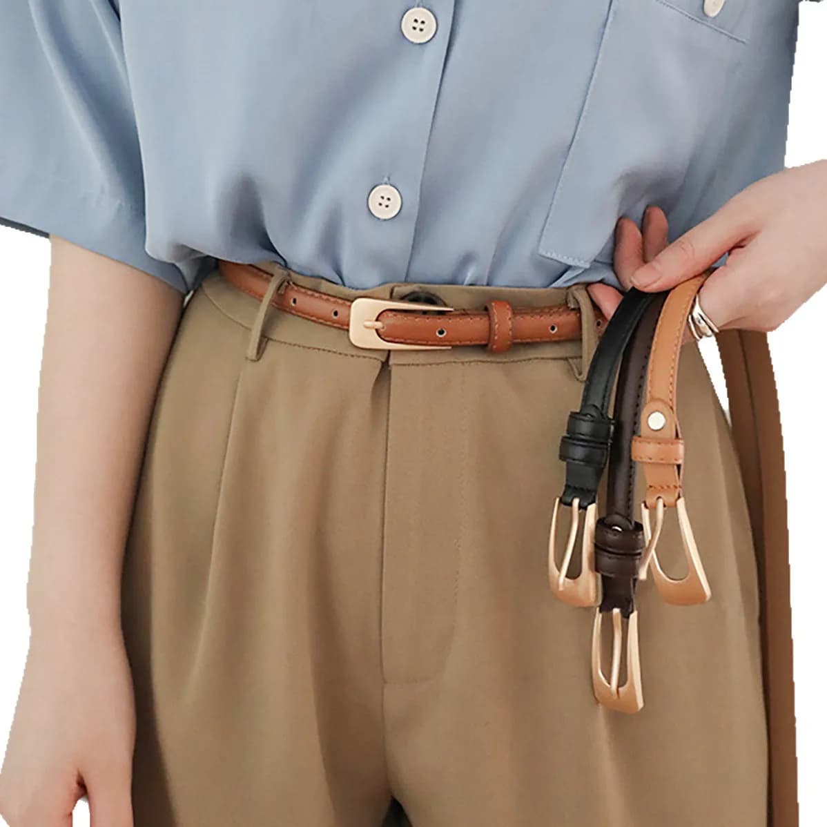 Cintura da Donna in PU Tinta Unita con Fibbia Semplice Dorata, Ideale per Abiti in Denim e Camicie, Stile Minimalista Business Casual con Fibbia in Lega