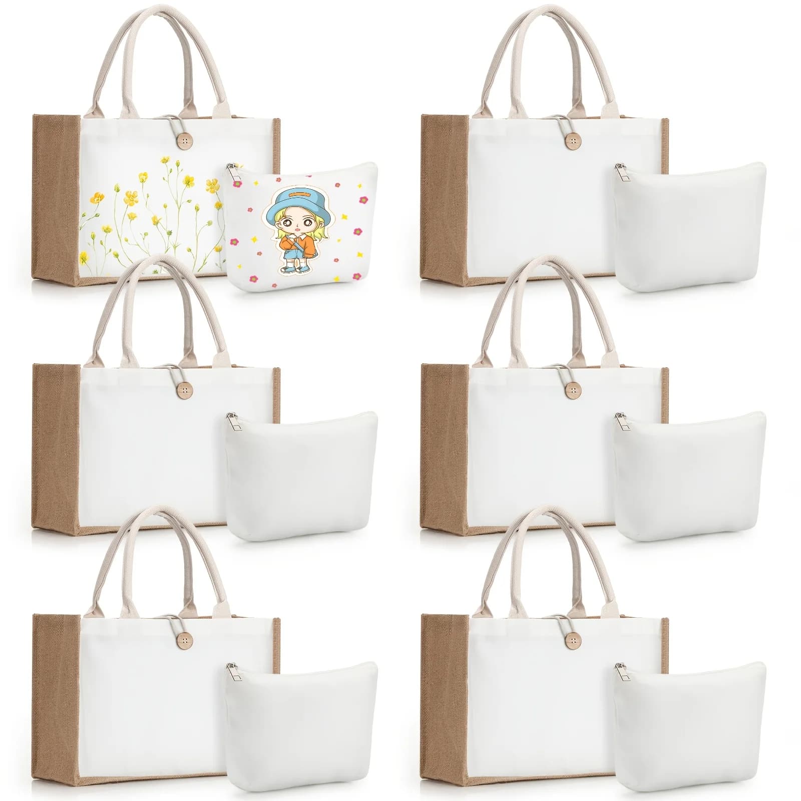 12pcs Sublimation Blank Tote And Makeup Bags Set, Reusable Canvas Polyester Tote Bags For DIY Craft Burlap Gift Makeup Cosmetic Pouches For Women Shopping Grocery Bridesmaids