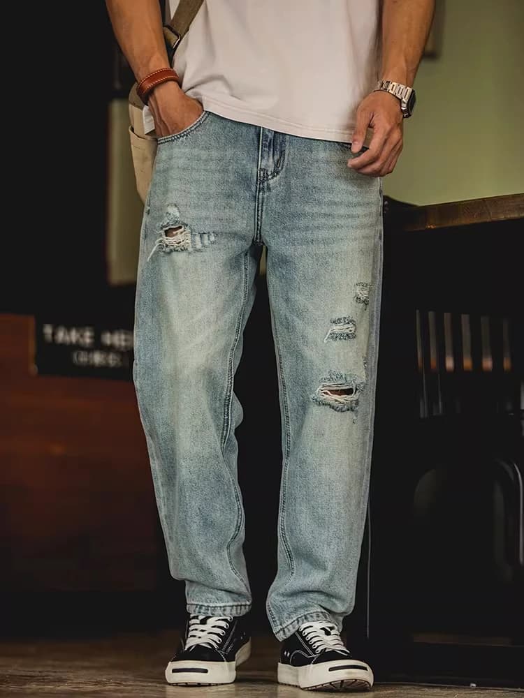 Retro American Large Size Men's Jeans Distressed Nine Points Summer New Monkey Washed Cone Shape Jeans Casual Loose Fit