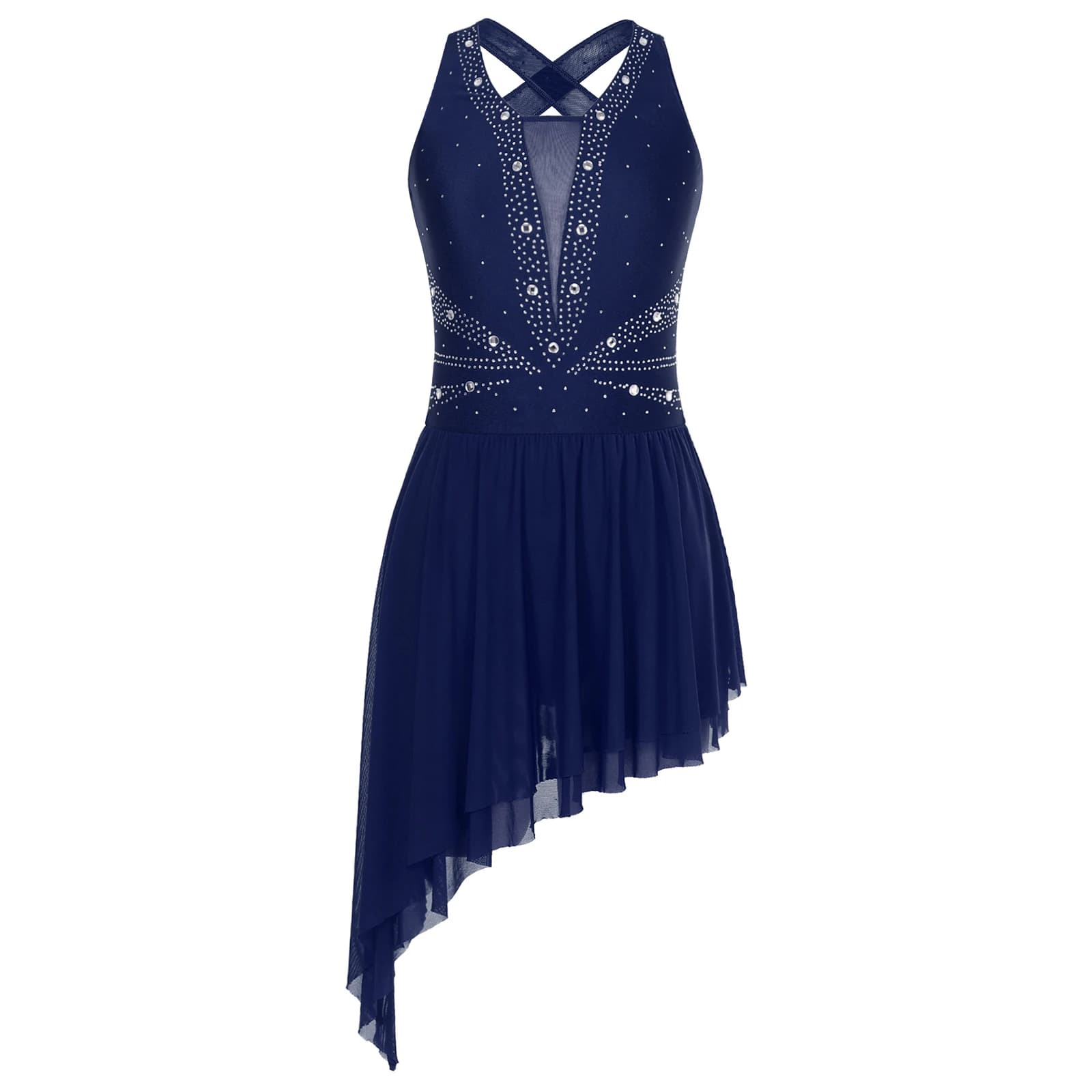Vestito da balletto senza maniche con strass da donna abito da pattinaggio artistico con orlo irregolare senza schienale costumi da ballo da competizione lirici