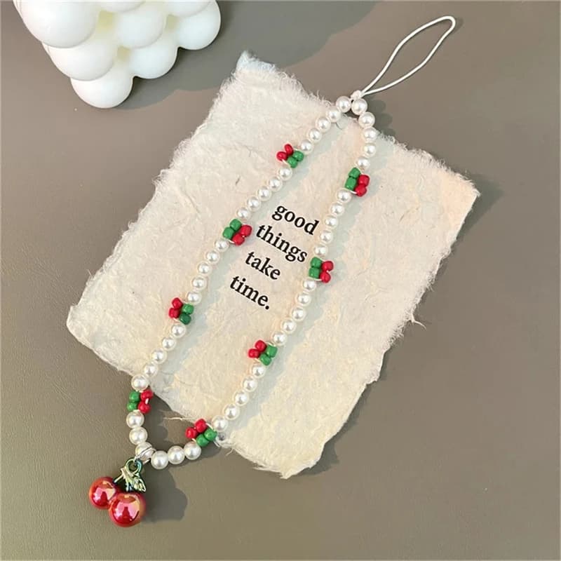 Carino ciliegia fragola bowknot catena del telefono cordino cinturino con ciondoli da polso perline cavo appeso braccialetto cordino mobile regalo di gioielli