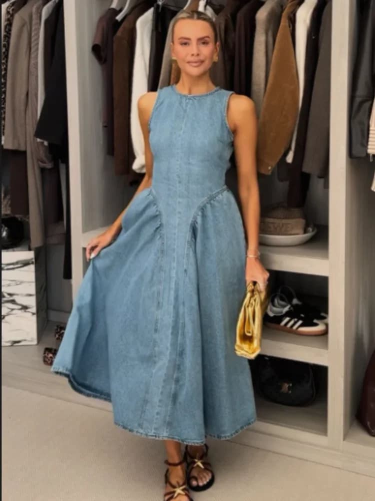 Women's denim dress with laces without back chic Fashion O-neck Sleeveless Slim high waist A-line Longuette dress Summer Lady Casual Streetwear
