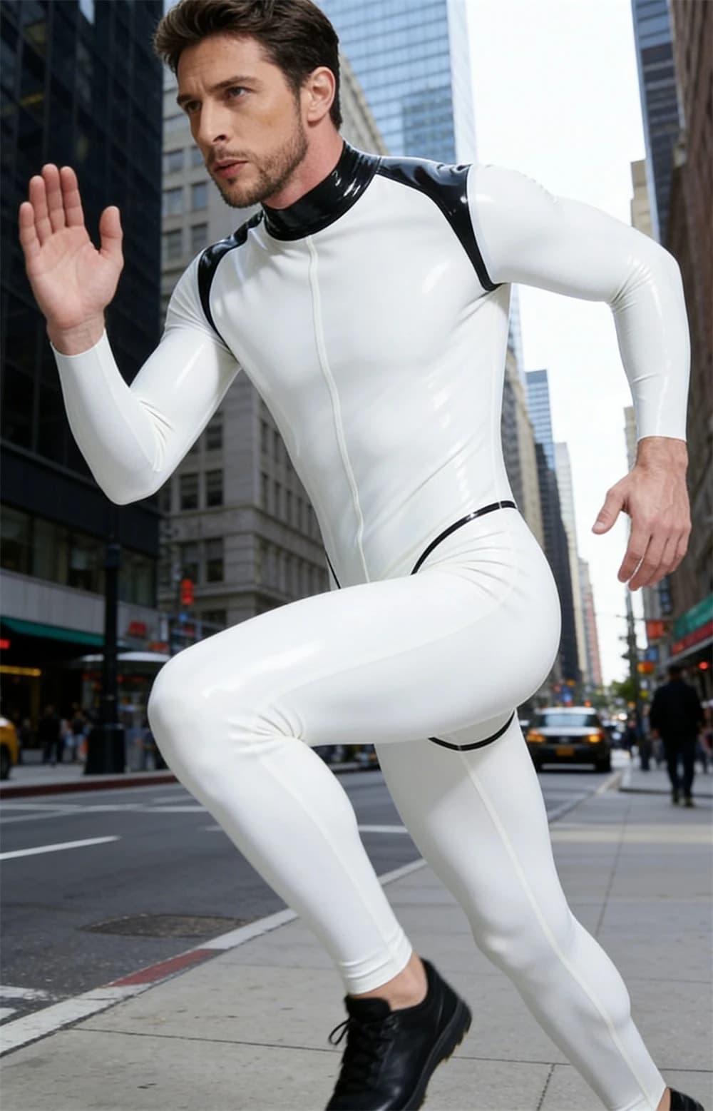 Tuta in lattice bianca e nera a contrasto, intera in gomma, Zentai, fatta a mano, per club, feste e cosplay