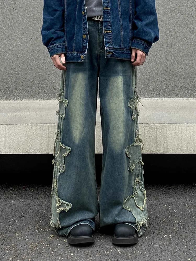 2026 Ropa Y2K Streetwear Star Patch Embroidery Baggy Stacked Jeans Pants For Men Clothes Wide Leg Old Straight Denim Trousers