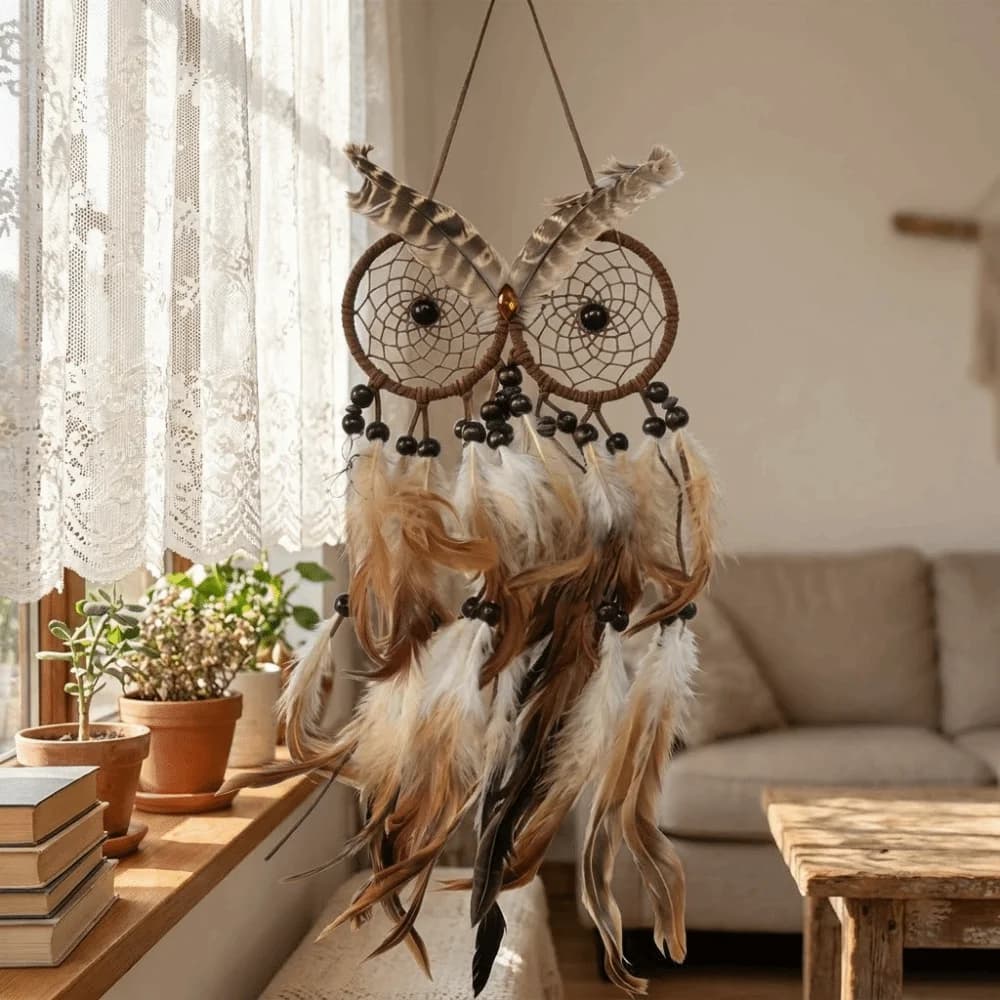 Owl Shaped Dream Catcher Brown Feathers Handcrafted Dreamcatcher Net Circular Net Wall Hanging Car Decoration