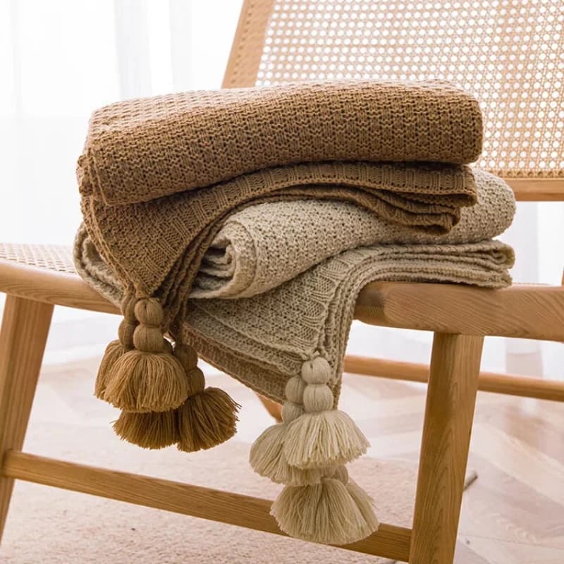 Nordic Blankets for Bed Sofa Couch Chunky Knit Bedspread Knitted Throw Blanket with Tassel Plain Color Waffle Embossed Blanket