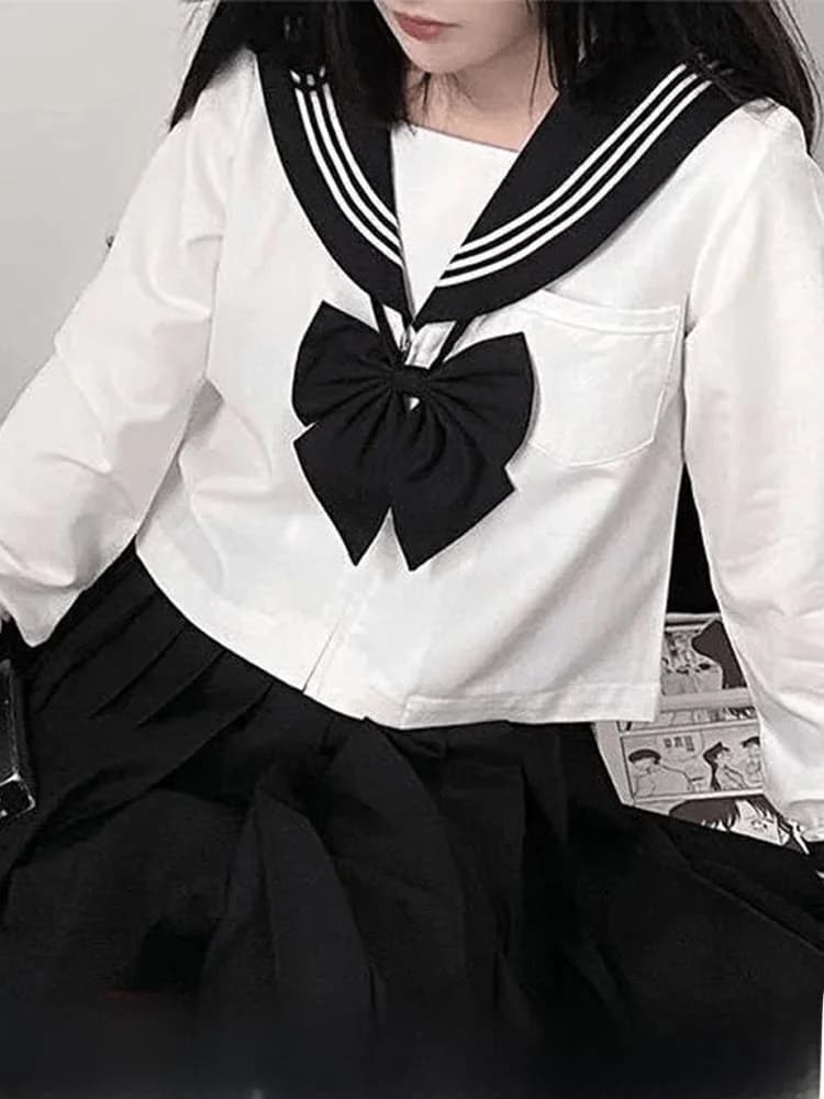 plus Size Black Neck Three Books JK Uniform School Uniform Long Skirt Sailor Suit Base Layer Middle Size Fashion Set for Women