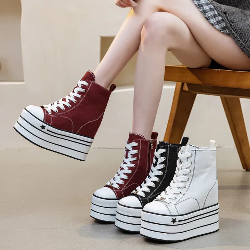 16CM Tacchi alti Donna Nuovo Autunno Inverno Piattaforma Stivaletti in tela di pelle Fondo spesso Sneakers robuste Stivali da moto Donna