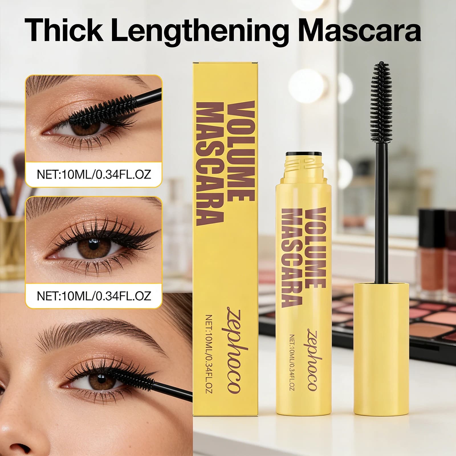 ZEPHOCO Volumizing Mascara and Natural Stretcher, Anti-weaking, Suction Resistant, Without Scratch, For Incurved Eyelash, Daily Eye Care Makeup