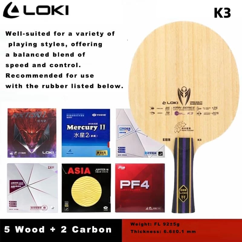 Racchetta da ping pong LOKI Kirin K3 a 5 strati in legno puro FL/CS per bambini principianti, racchetta da allenamento.