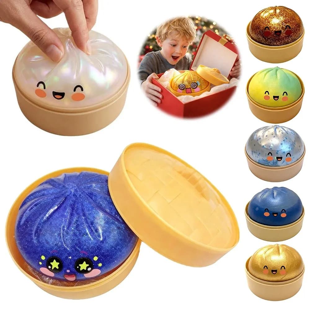 Glitter Dumplings Squishy Toy Soft Slow Resilience Squishy Toy with Steamer Fidget Squeeze Decompression Dough Home Decoration