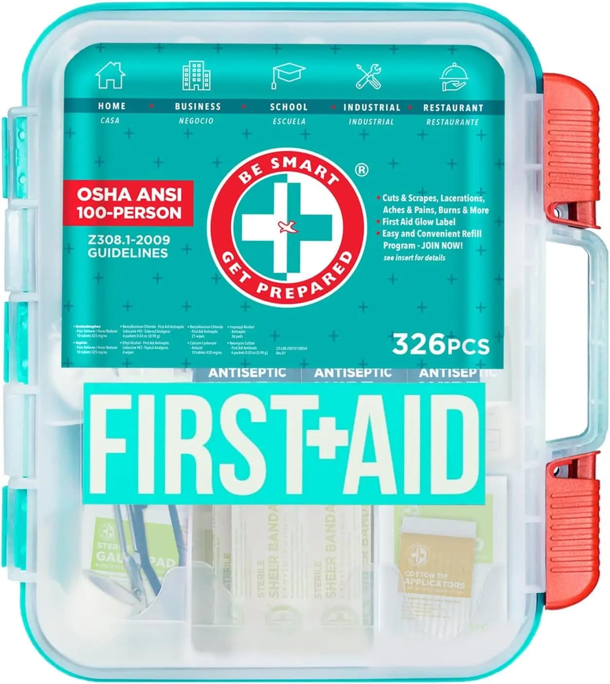 Il kit di pronto soccorso da 326 pezzi verde acqua supera le linee guida OSHA/ANSI per ufficio, casa, auto, scuola, emergenza