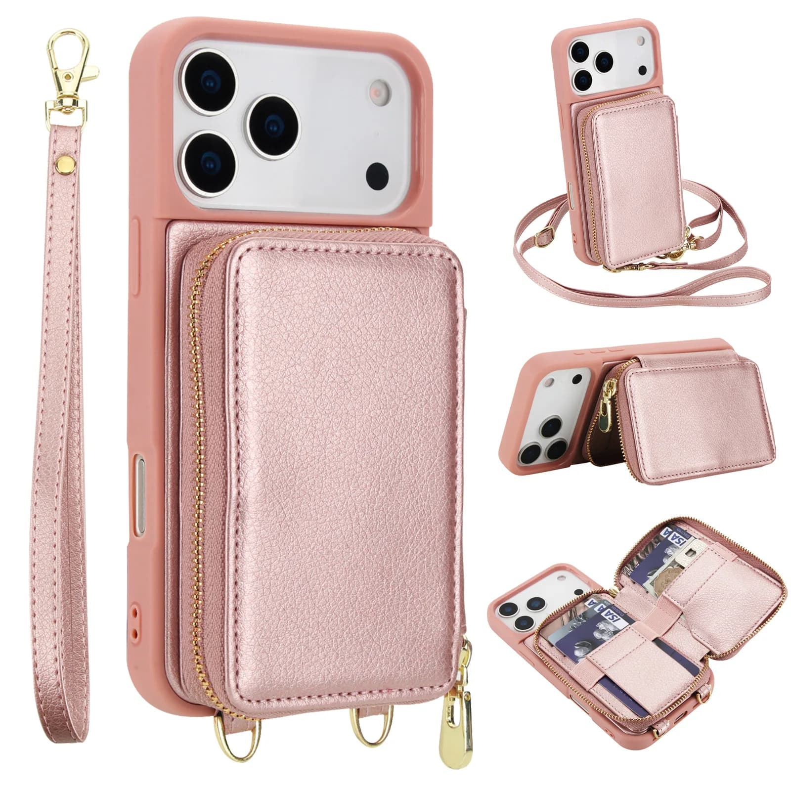 Custodia a Portafoglio per iPhone 17/17 Air/17 Pro/17 Pro Max con Blocco RFID, in Pelle PU, Borsa a Tracolla, Cover a Flip, Porta Carte, Cerniera e Cinturino da Polso
