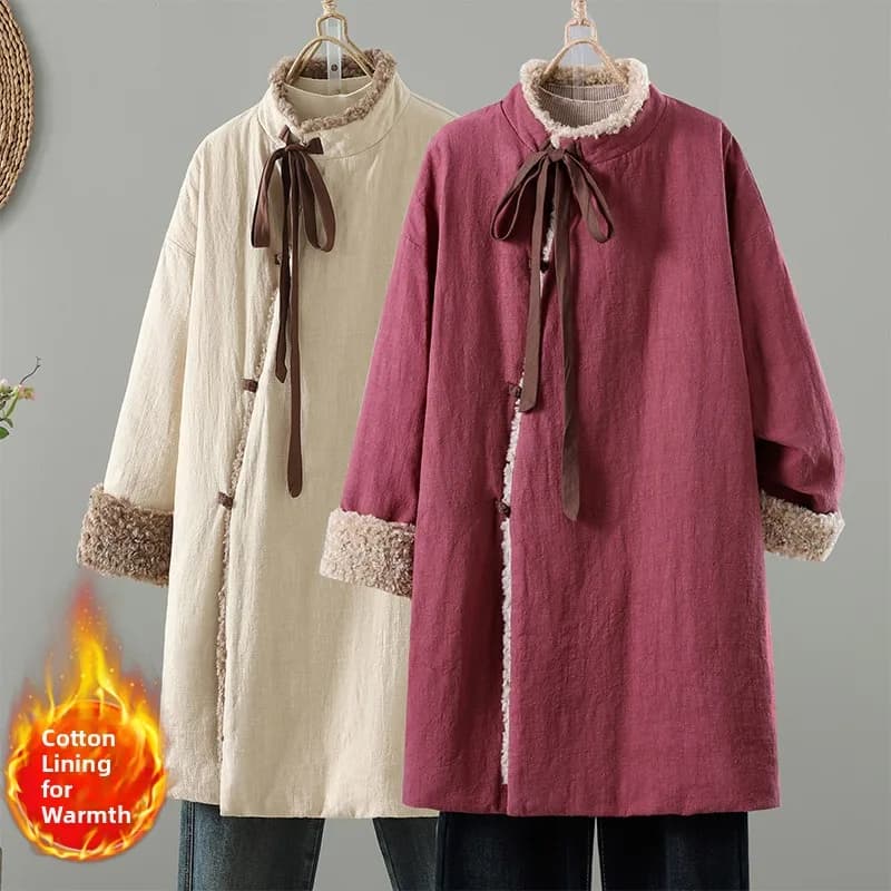 High-End plus Size Women's Mid-Length Cotton Puffer Jacket Thickened Cotton Linen Blend New Chinese Style Winter Coat