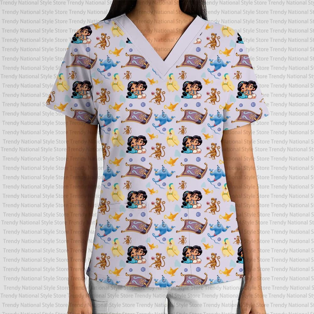 Nuova T-shirt da Lavoro Medico/da Laboratorio da Donna Estiva 2026, Serie Disney Princess, Stampa Floreale, Scollo a V, con Tasche, Effetto Satinato, per Allattamento e Uso Casual