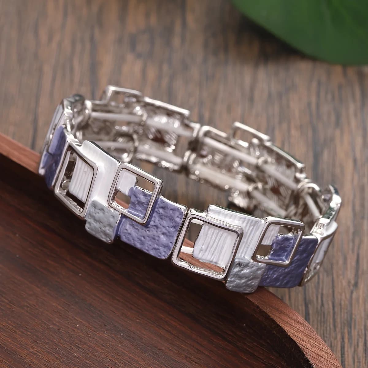 Braccialetto Geometrico Quadrato Cavo Viola, in Lega di Zinco Smaltata Stile Punk - Elastico, Regalo Quotidiano per Uomini e Donne, San Valentino