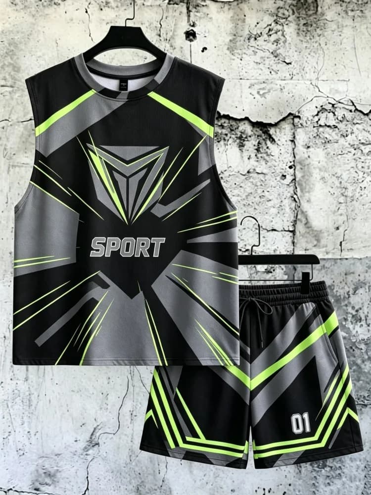 Set canotta e pantaloncini da uomo con stampa geometrica sportiva, abbigliamento sportivo comodo e ampio