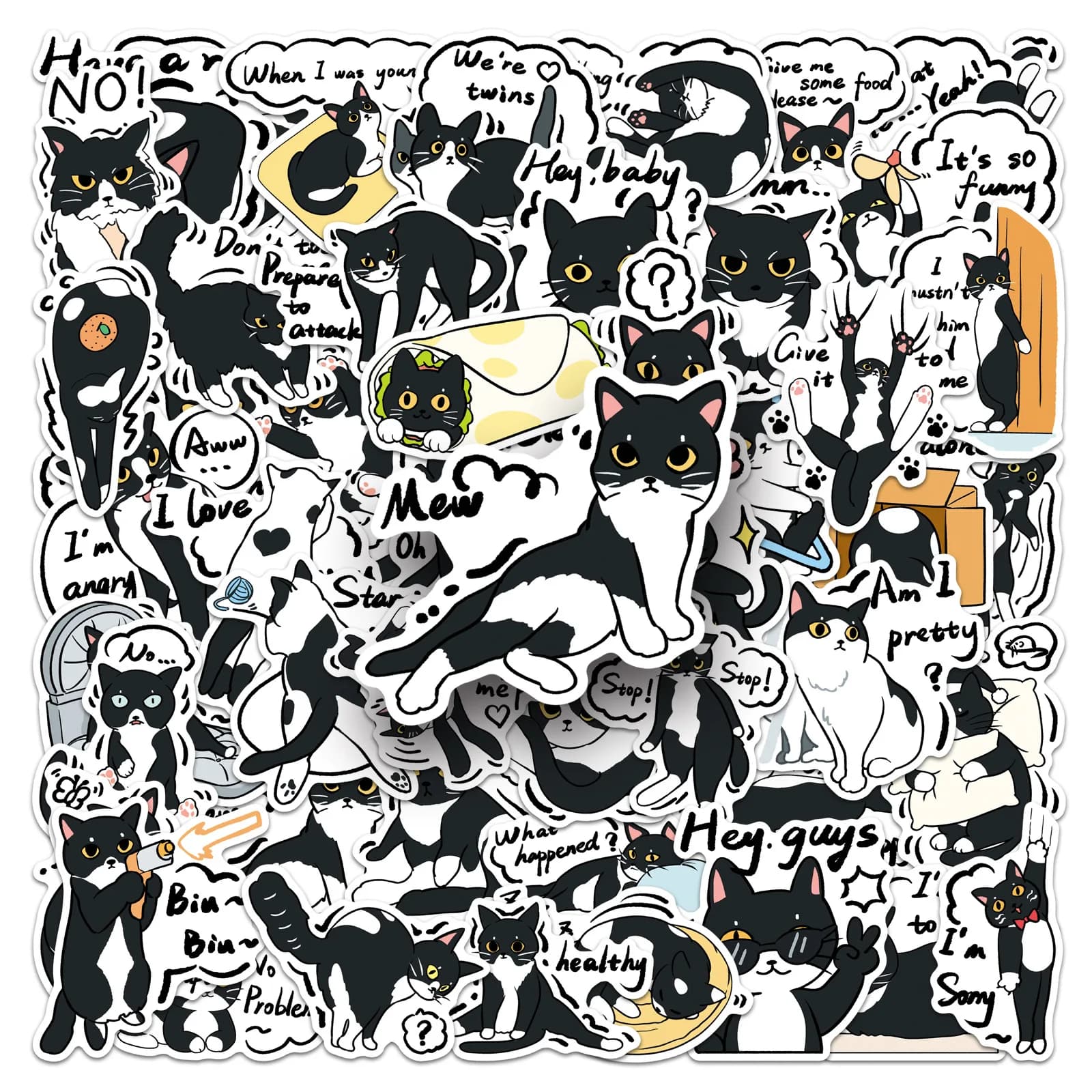 50-100PCS Funny Tuxedo Cow Cat Aesthetic Stickers Black & White Cartoon Cat Waterproof Vinyl Decals for Laptop Notebook