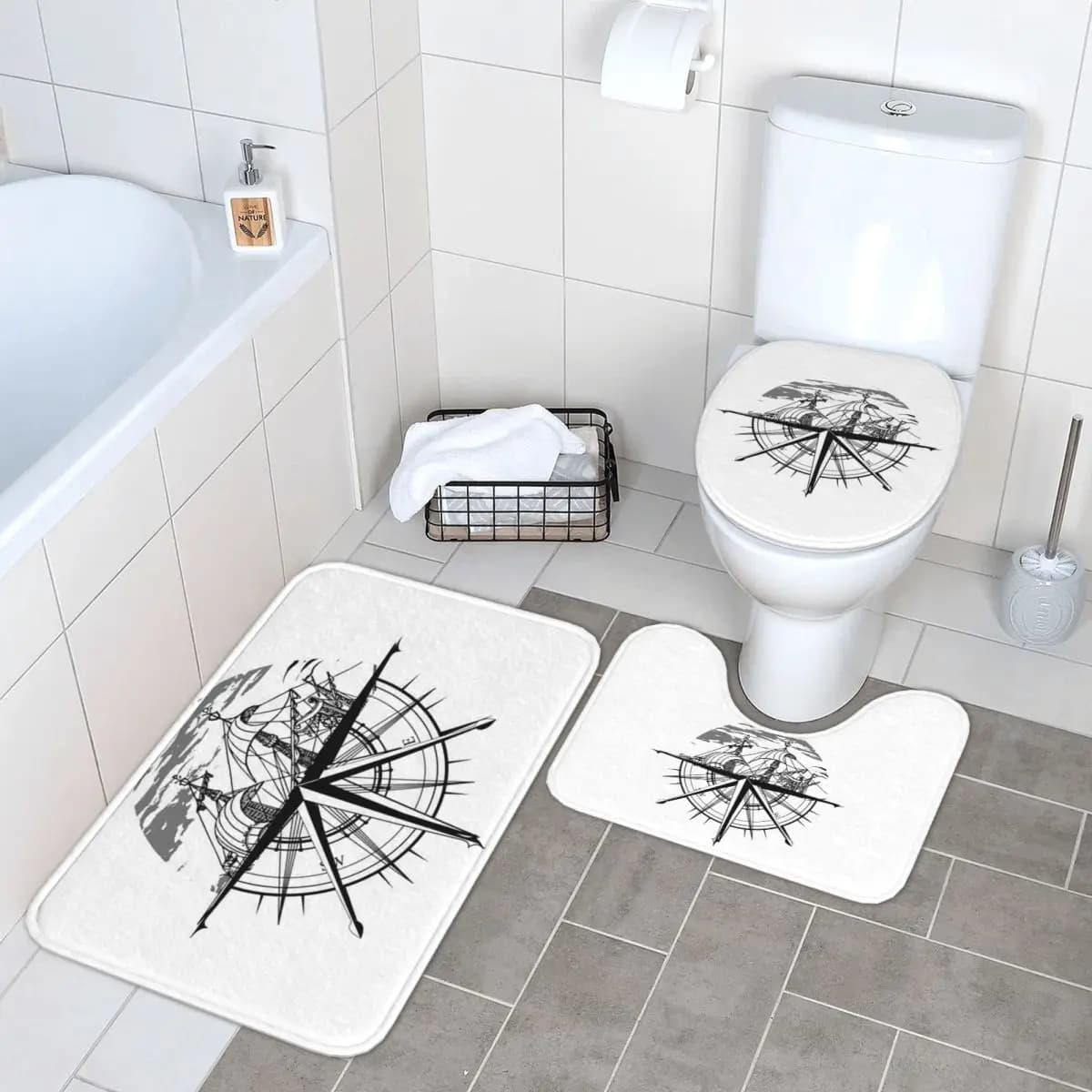 Bussola nautica Capitano Anchor Boat 3 pezzi Tappetino da bagno Set da bagno Copriwater Decorazioni per la casa Tappeto antiscivolo Tappeto da pavimento