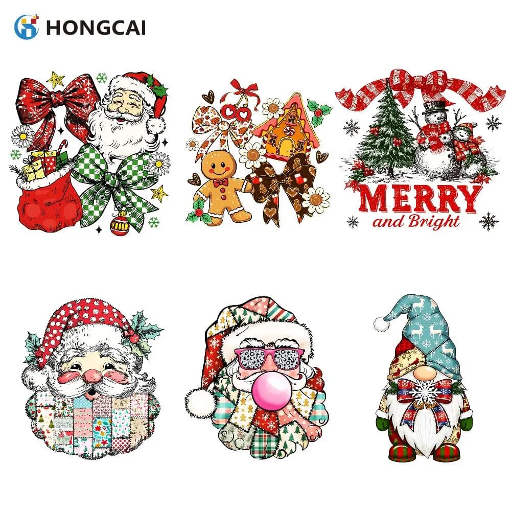 6-Piece Smiley Santa Theme Heat Transfer Vinyl Sticker Set for DIY Creative Clothing T-Shirts, Canvas Bags, Pillowcases