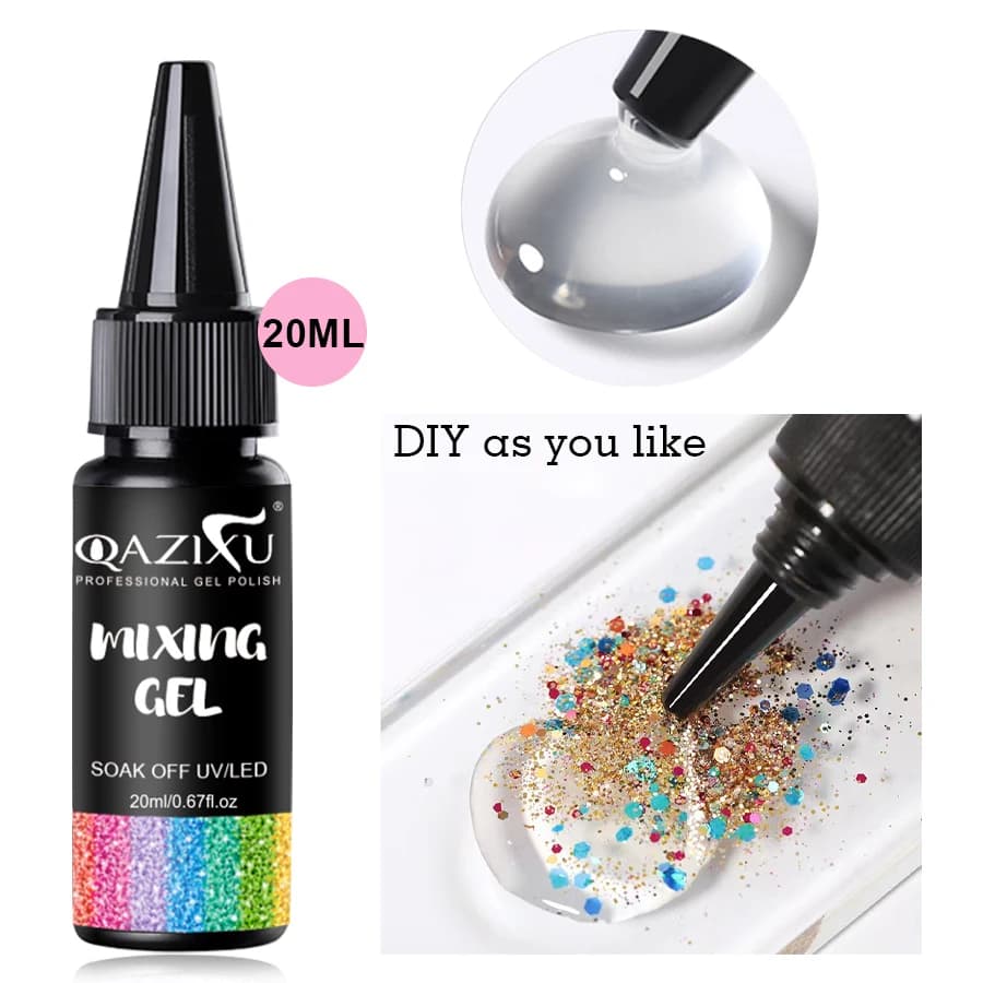 QAZIXU Gel per Unghie Miscelabile 20ml, Smalto Gel UV LED Soak Off, Gel Diluibile e Glitter Miscelabili, Base Trasparente per Nail Art, Strumenti per Manicure Fai-da-Te