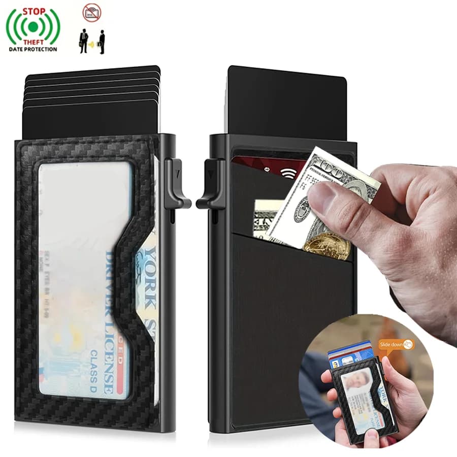 PU carbon fiber with window Card holder with print for men, RFID blocking card holder, automatic pop-up card holder 1 pc.