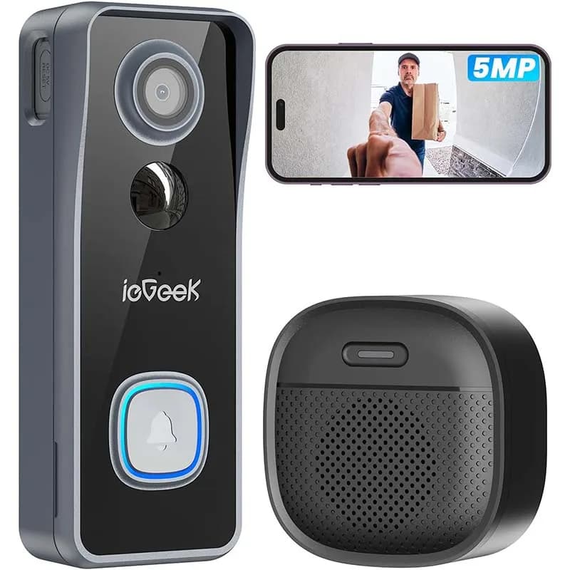 Telecamera per campanello wireless iegeek da 5 MP, nessuna abbonamento richiesta, convertitore vocale, audio bidirezionale, rilevamento movimento PIR, 2,4 GHzWiFi