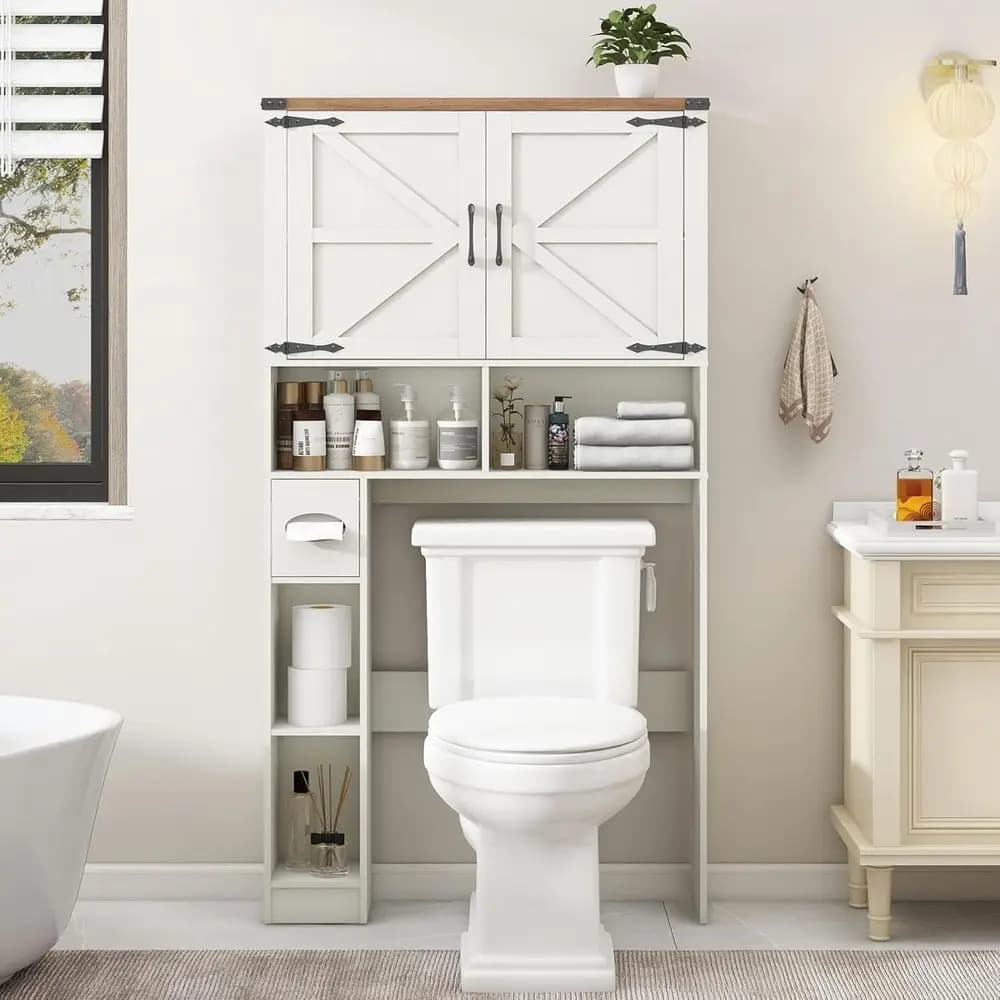 Mobiletto Salvaspazio da Bagno Sopra il WC, Armadietto Stile Rustico con 2 Ante Scorrevoli e Porta Carta Igienica, Salvaspazio per la Casa