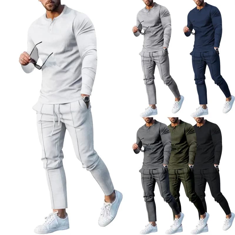 Men's long sleeve shirt with round neckline and wide fit, trousers, casual sports clothing set in 2 pieces for spring autumn