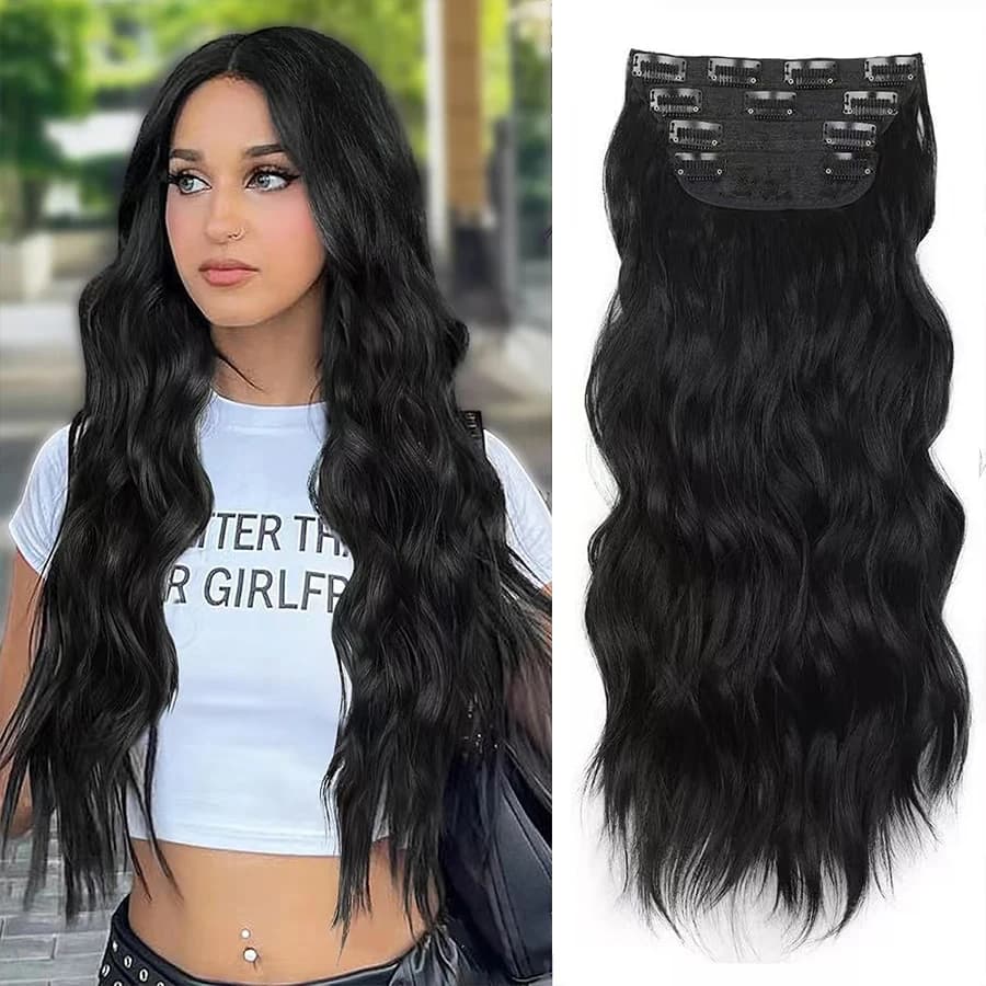 Extension per capelli ondulati lunghi con clip, 4 pezzi, spessi, biondo chiaro/oro/nero, con doppia trama, 22 pollici, sintetici, per donna