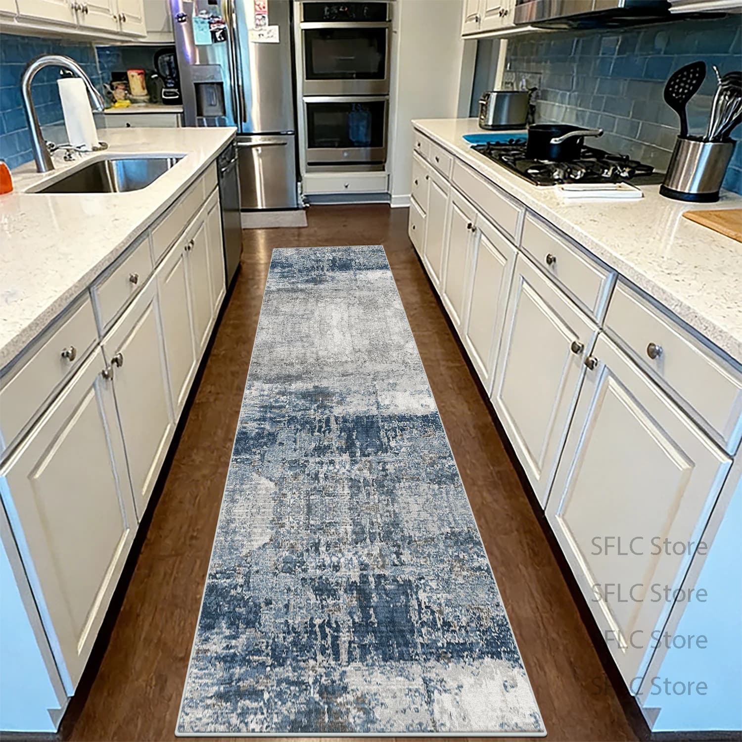 Modern Kitchen Carpet Blue Grey Abstract Easy to Clean, Anti-slip, Soft, Long to Corridor, Large Area, No Hair, Long Runner Mat for Floor