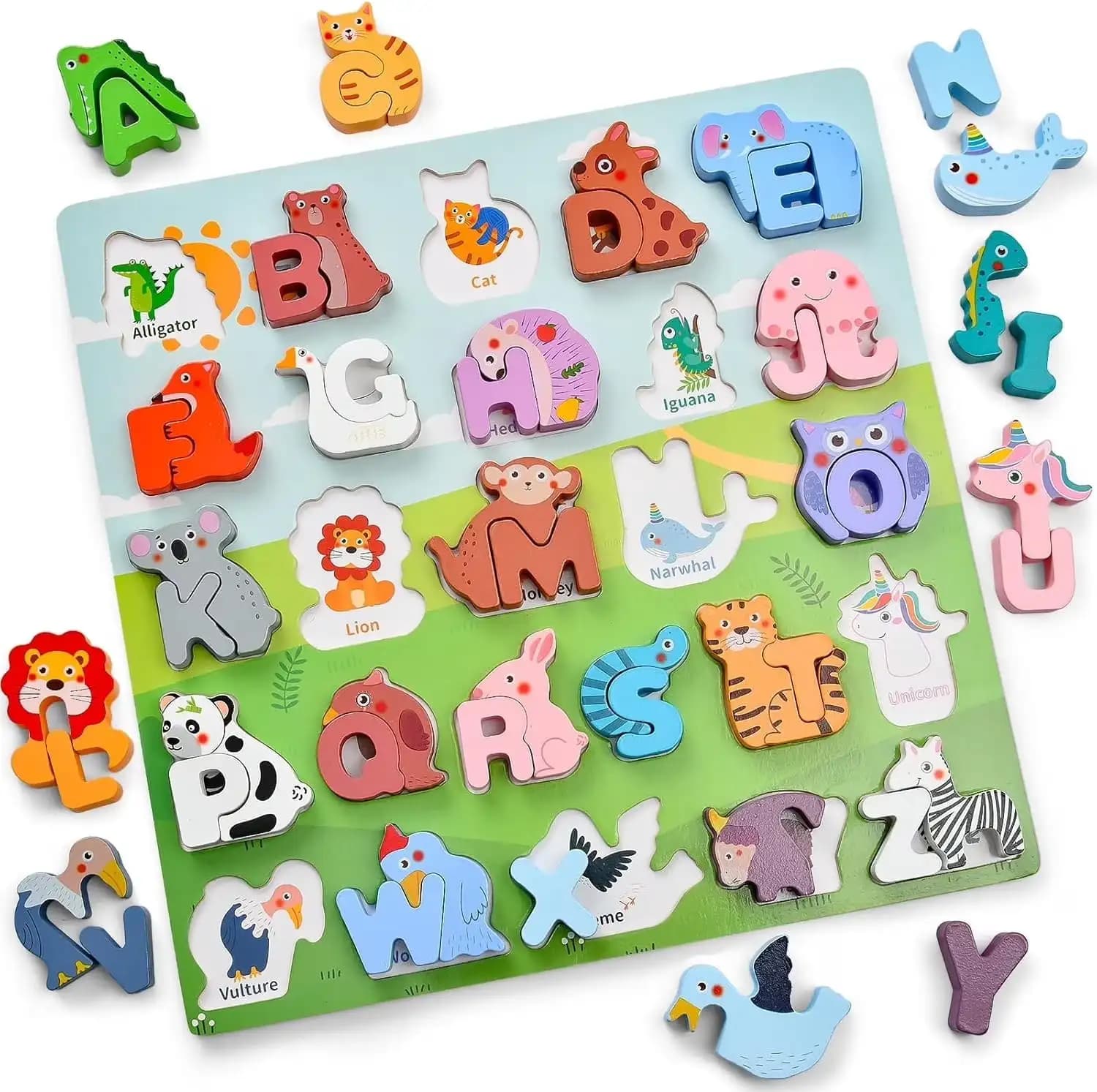 Puzzle Alfabetici in Legno per Bambini 1-3 Anni, Puzzle ABC con Tavola per l'Ortografia e Animali, Giocattoli Educativi Prescolari