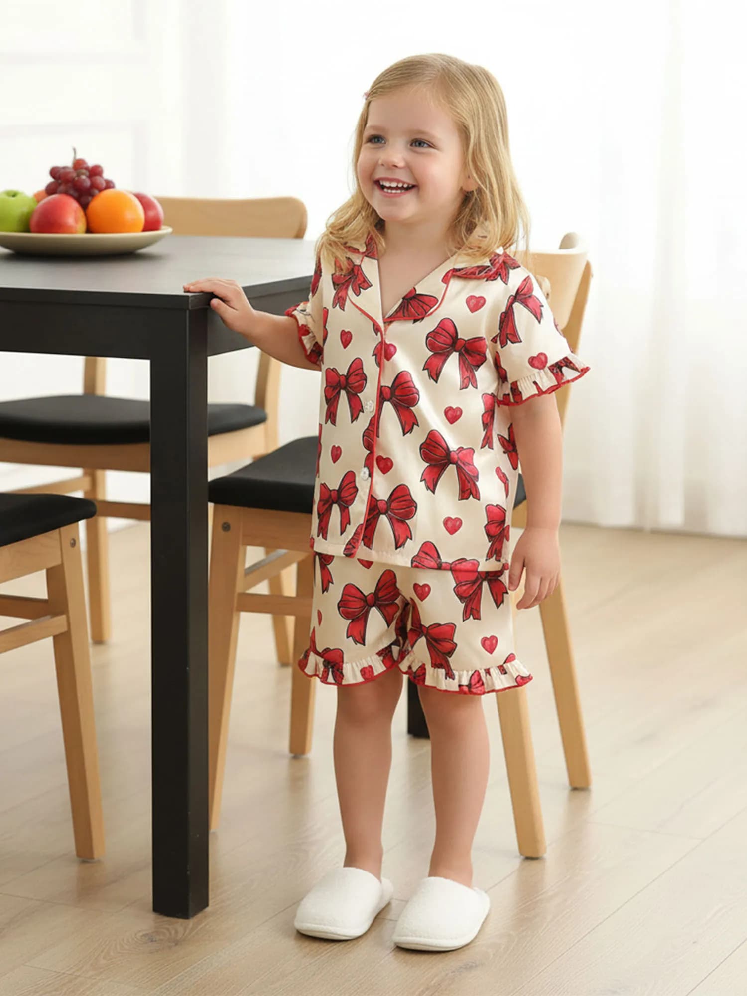 Lovely summer pajamas set for girls with pretty bow and short sleeve shirt with heart print and elastic waist shorts for
