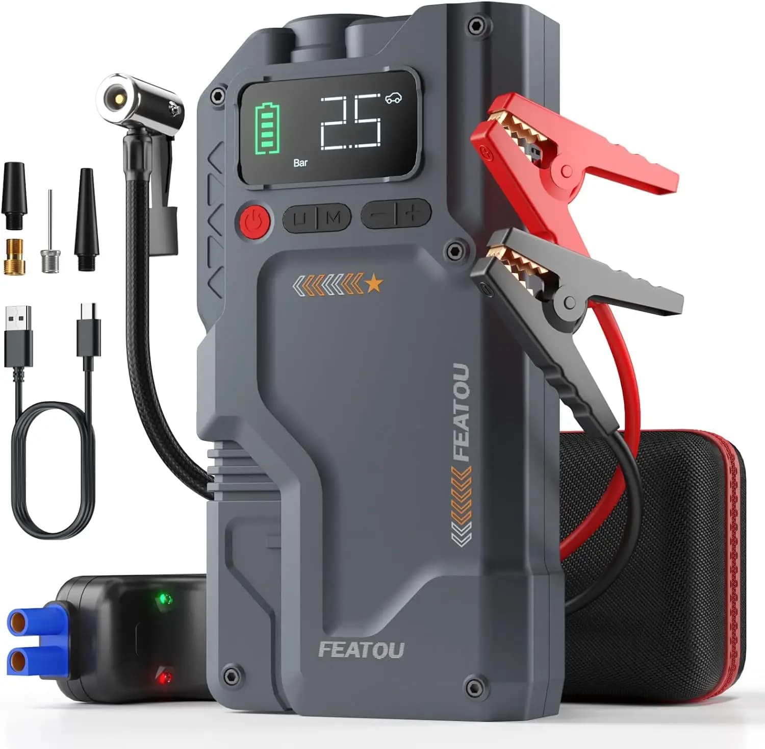 Avviatore di Emergenza Portatile 5-in-1 con Compressore d'Aria, Potenza di Picco 5500A per Auto e Gonfiatore Digitale per Pneumatici